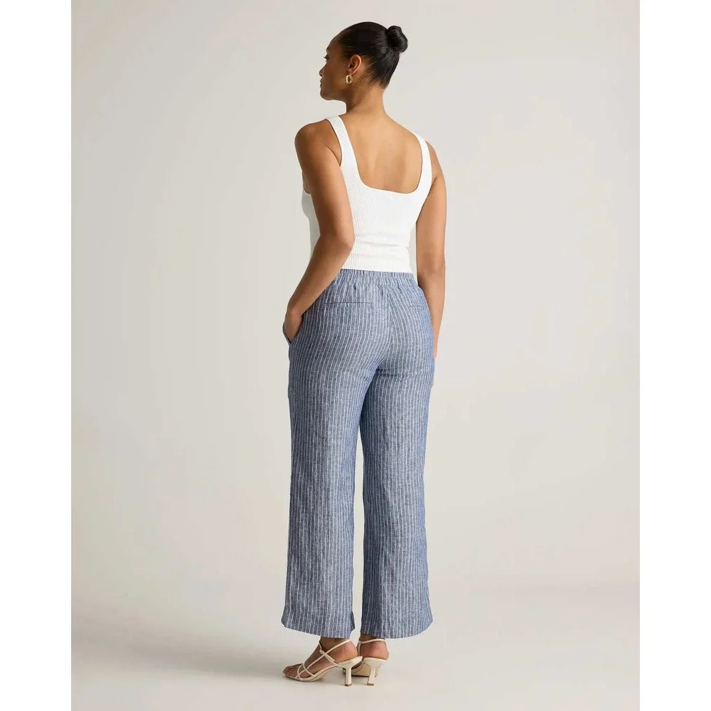 Quince European Linen Wide Leg Pants Chambray Stripe Blue White Small NWT